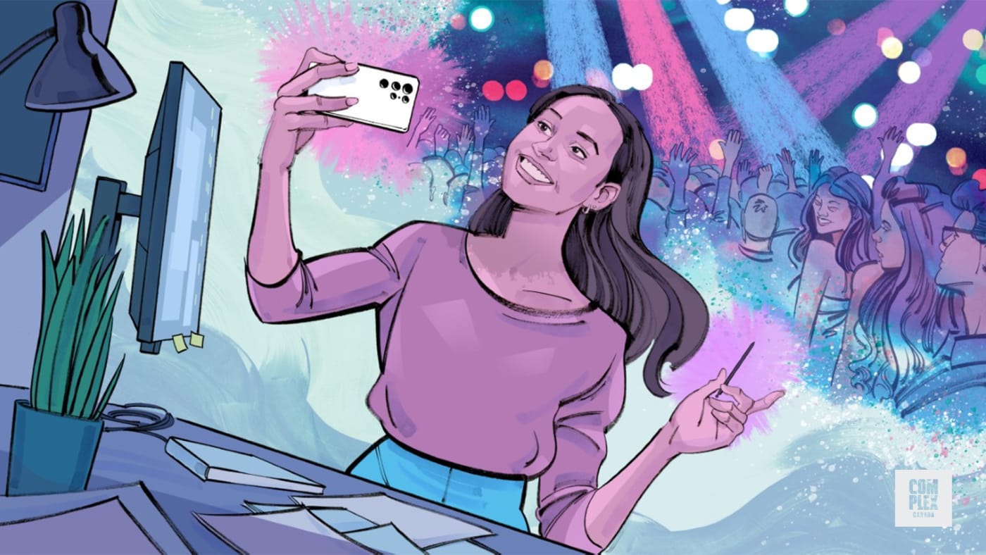 An illustration of the writer using the Samsung phone