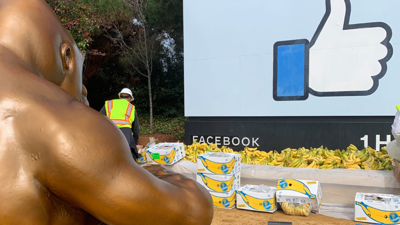 Sapien brings huge Harambe statue to stare down the headquarters of Facebook.