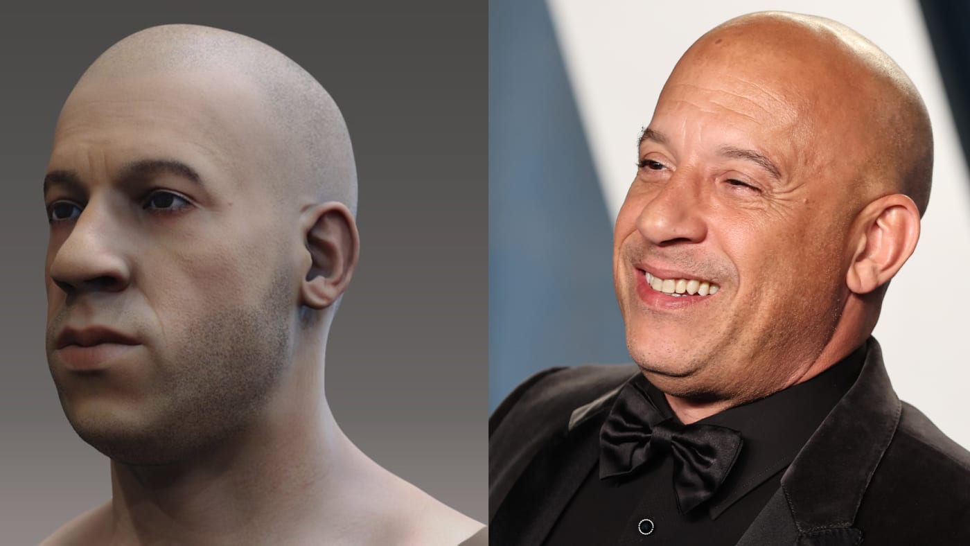 Vin Diesel is seen looking at a depiction of Vin Diesel