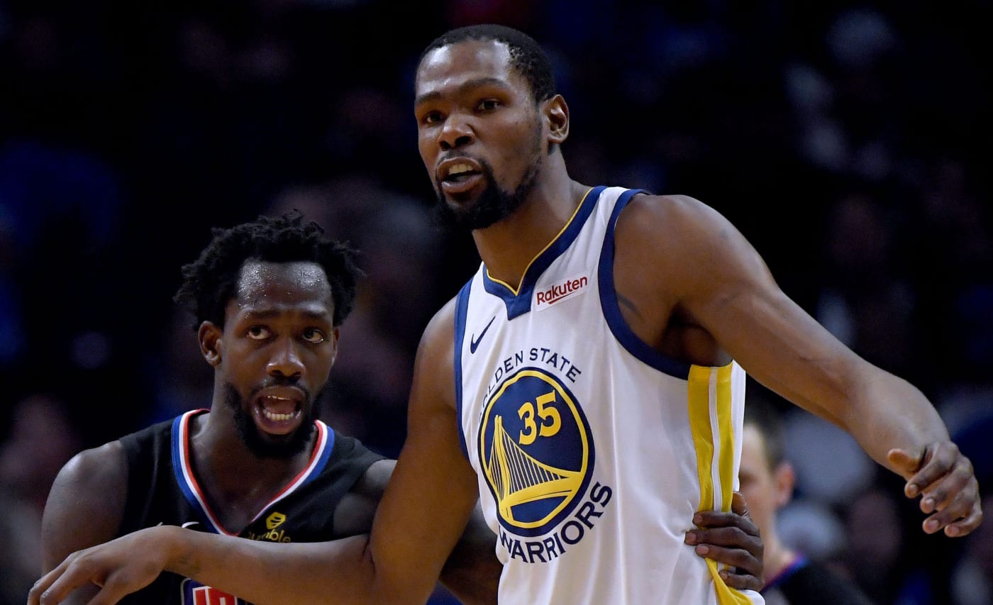 Kevin Durant and Patrick Beverley during 2019 NBA Playoffs