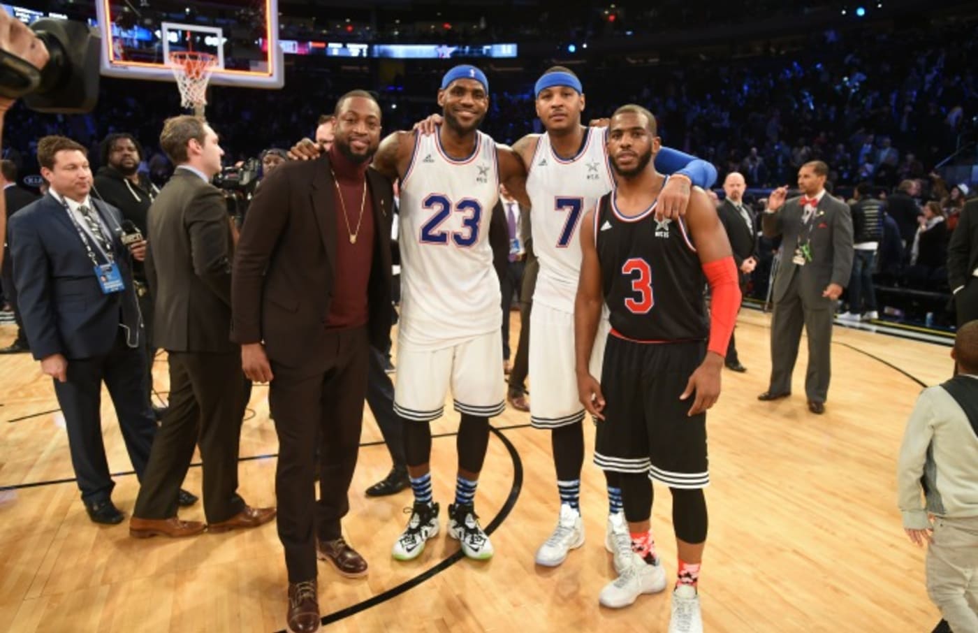 Dwyane Wade, LeBron James, Carmelo Anthony, and Chris Paul at the NBA All Star Game.