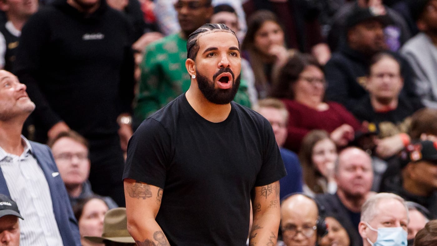 Rapper Drake watches Game Three of the Eastern Conference First Round between the Toronto Raptors and the Philadelphia 76ers