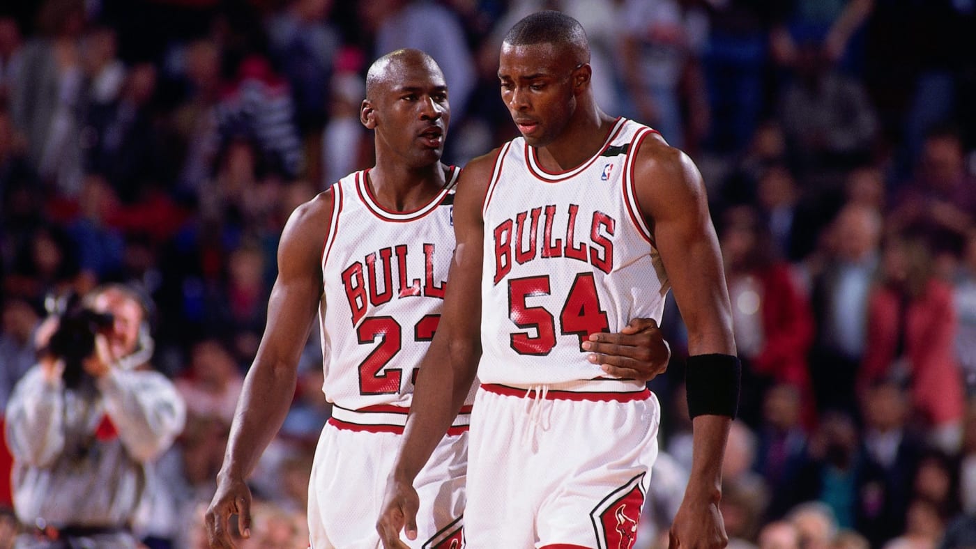 Michael Jordan comforts Horace Grant during Game 1 of the 1992 Eastern Conference Finals.