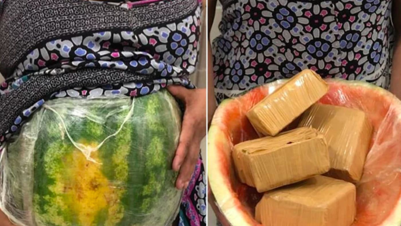 Woman smuggled drugs in stomach.