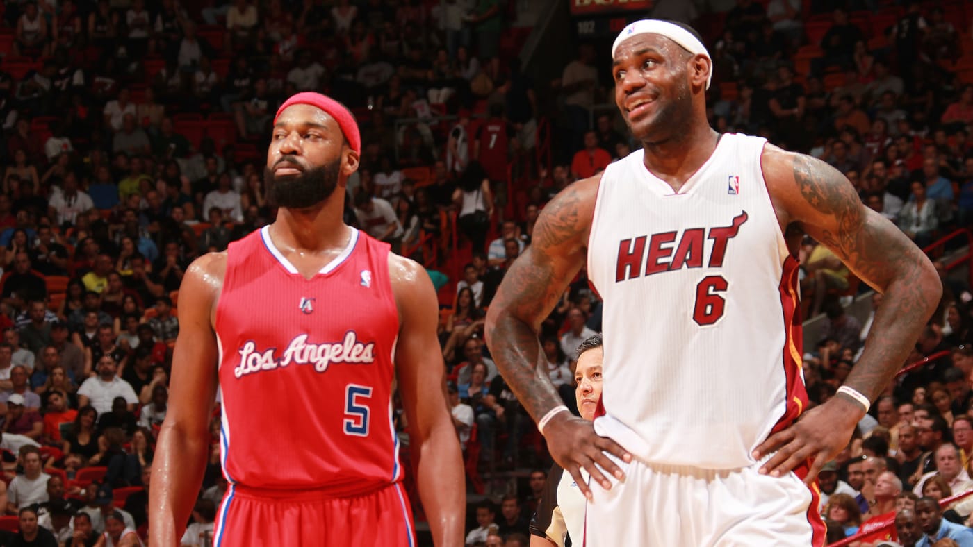 Baron Davis #5 of the Los Angeles Clippers and LeBron James #6 of the Miami Heat