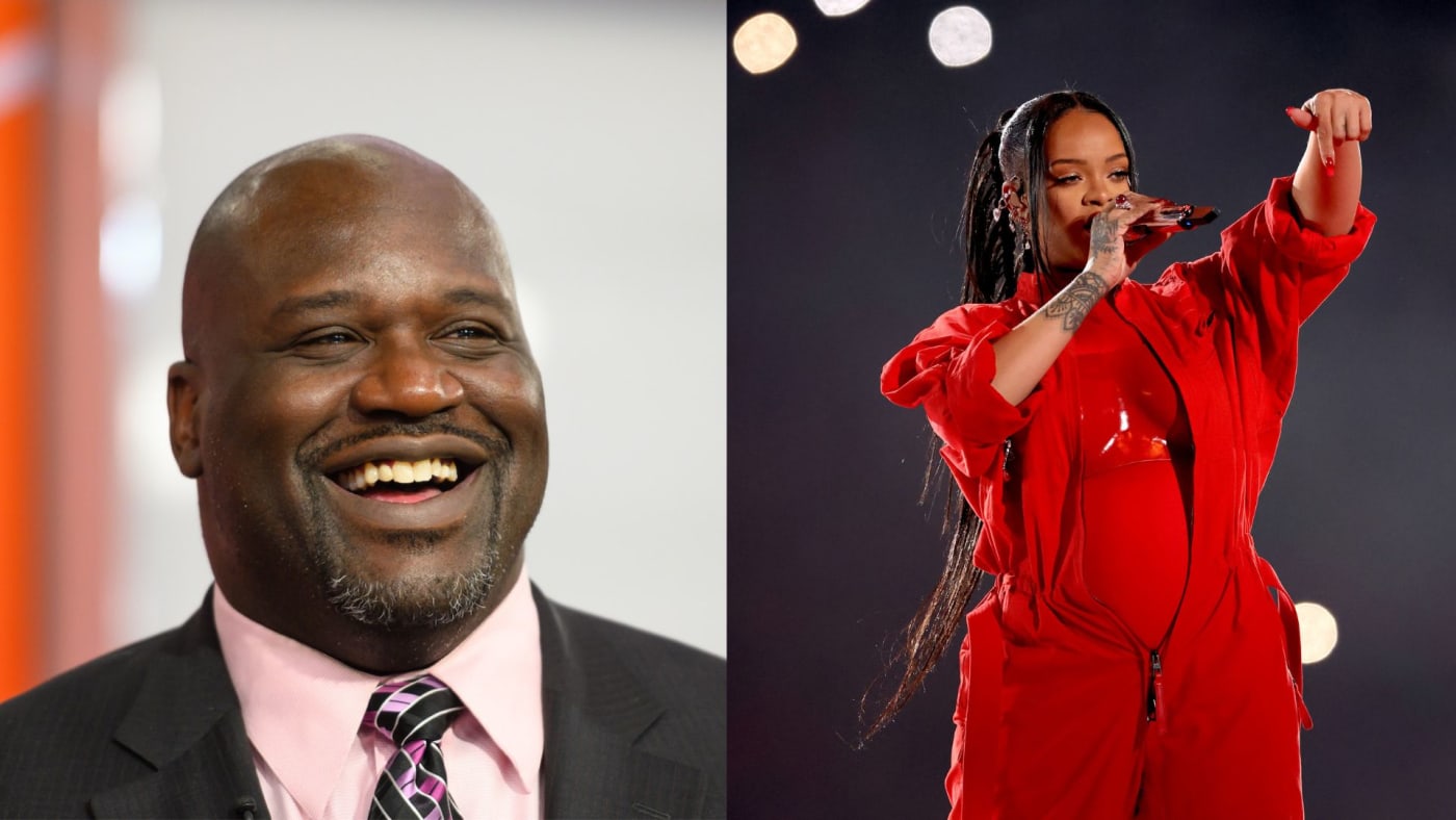 This is a photo of Shaq on the left and Rihanna on the right