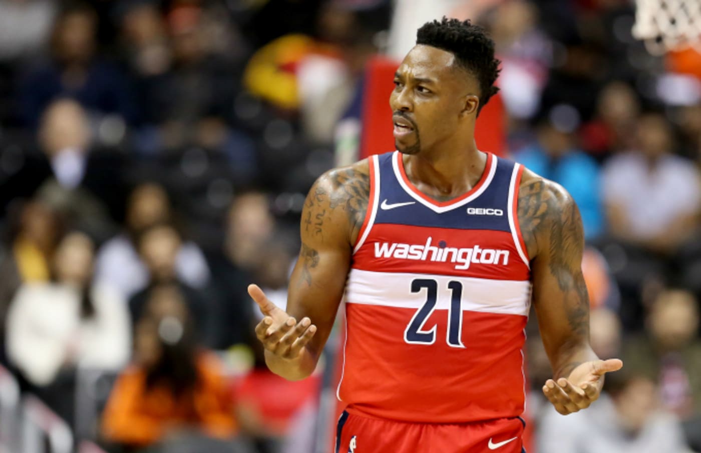Dwight Howard #21 of the Washington Wizards reacts after a play