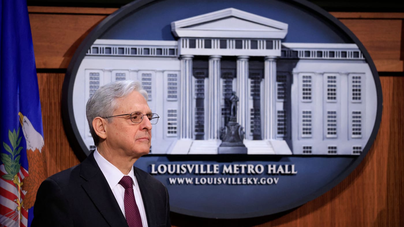 Merrick Garland during a press conference on the the civil rights investigation into Louisville Metro PD