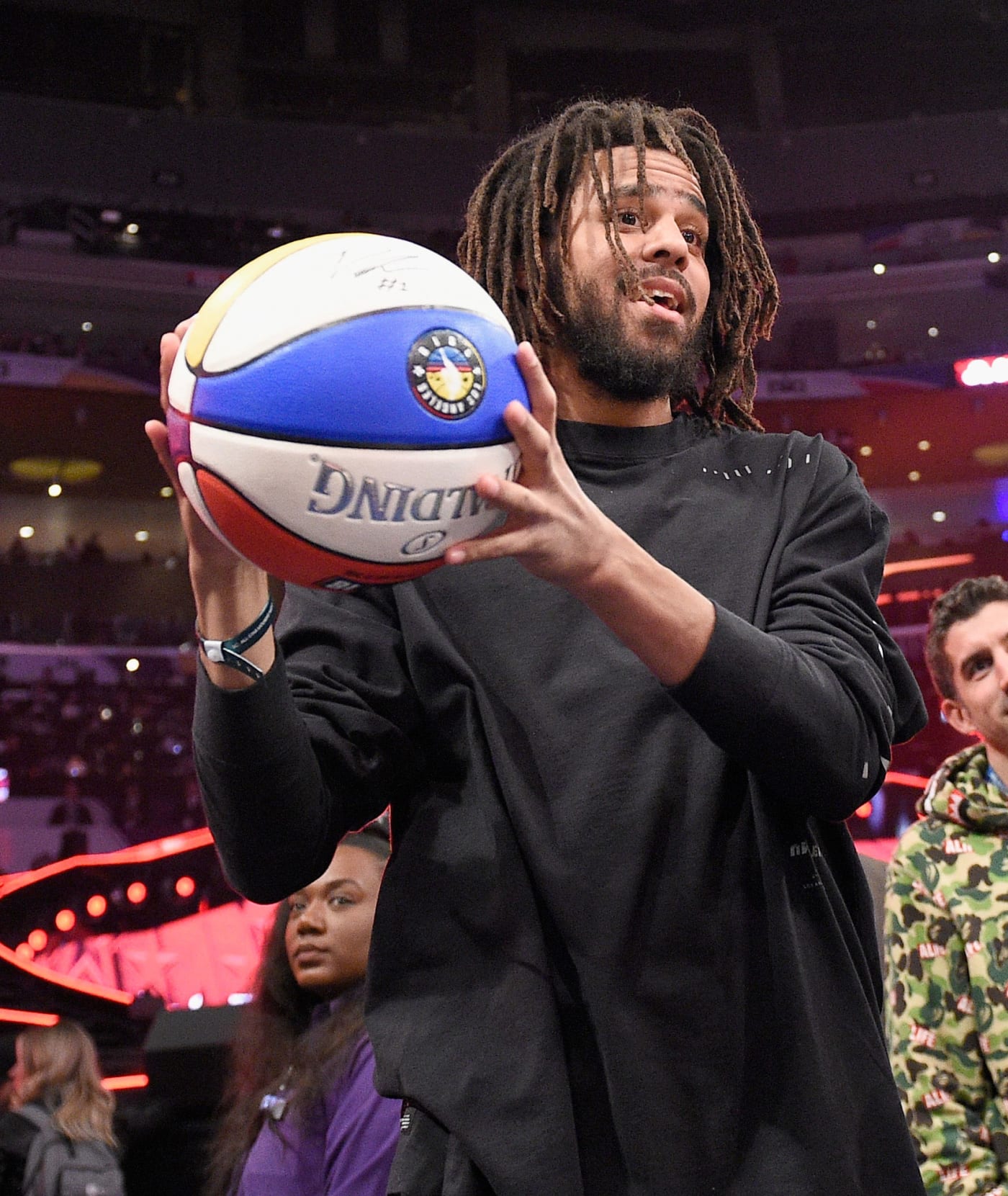 J. Cole attends the 2018 Verizon Slam Dunk Contest at Staples Center on February 17, 2018