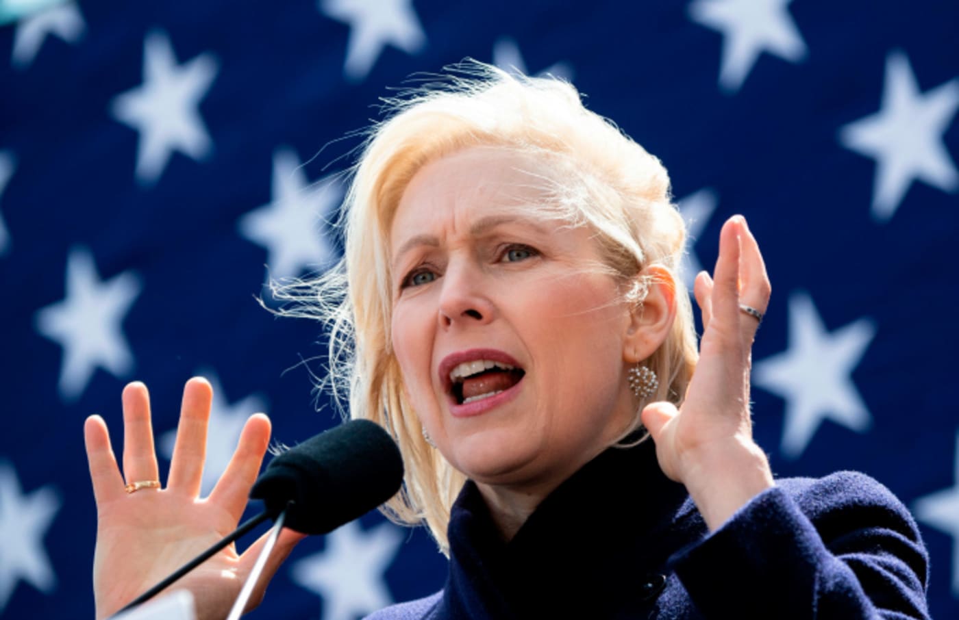 Kristen Gillibrand holds a speech during the official kick off rally