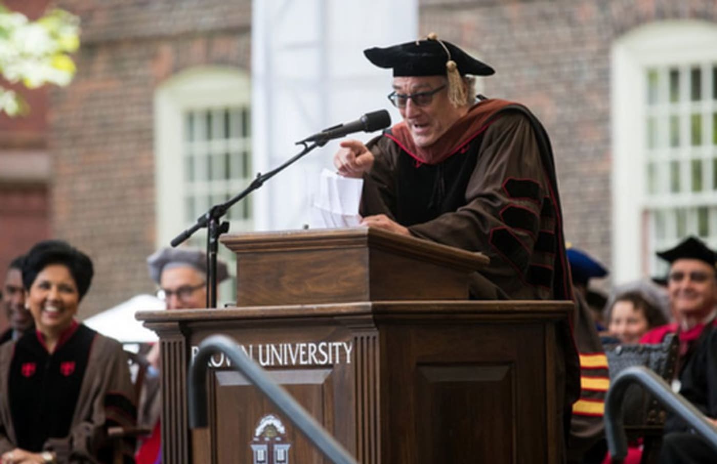 Robert Deniro at the lectern for a commencement speech at Brown University.