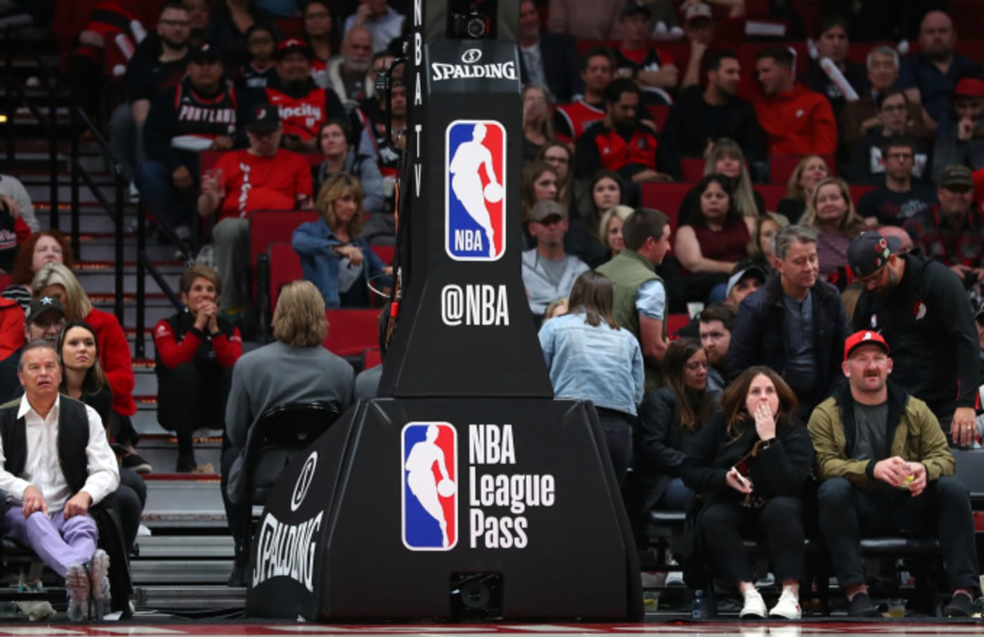 A general view of the NBA logo on the basketball hoop