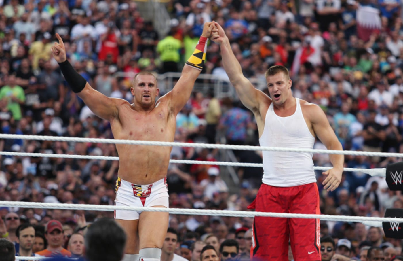 New England Patriots tight end Rob Gronkowski in the ring during WrestleMania 33