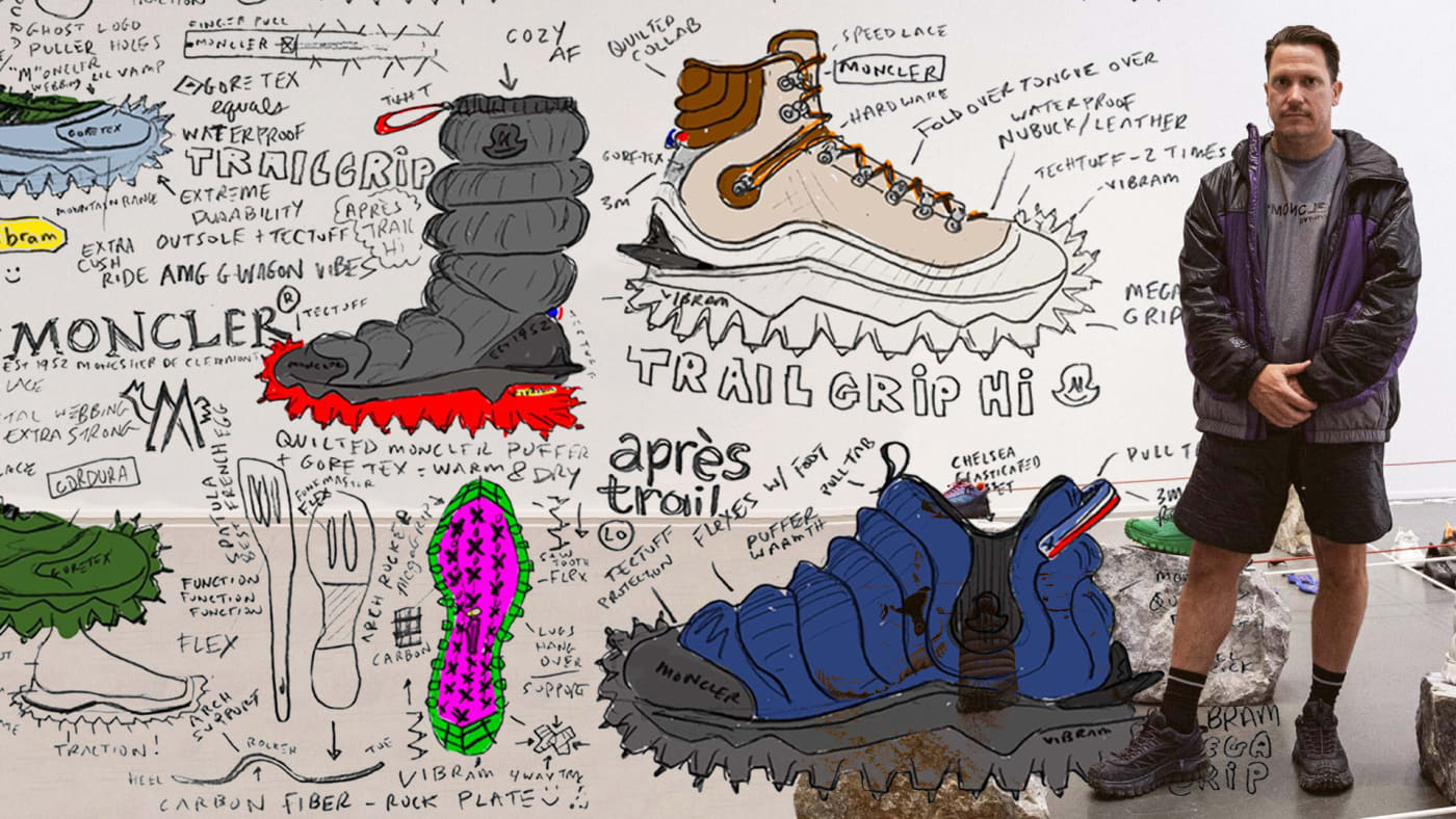 Footwear designer Nathan VanHook alongside sketches for his Moncler Shoes