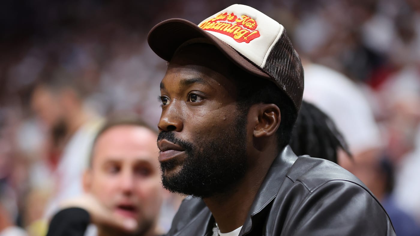 Rapper Meek Mill looks on during the first half in Game One of the Eastern Conference Semifinals