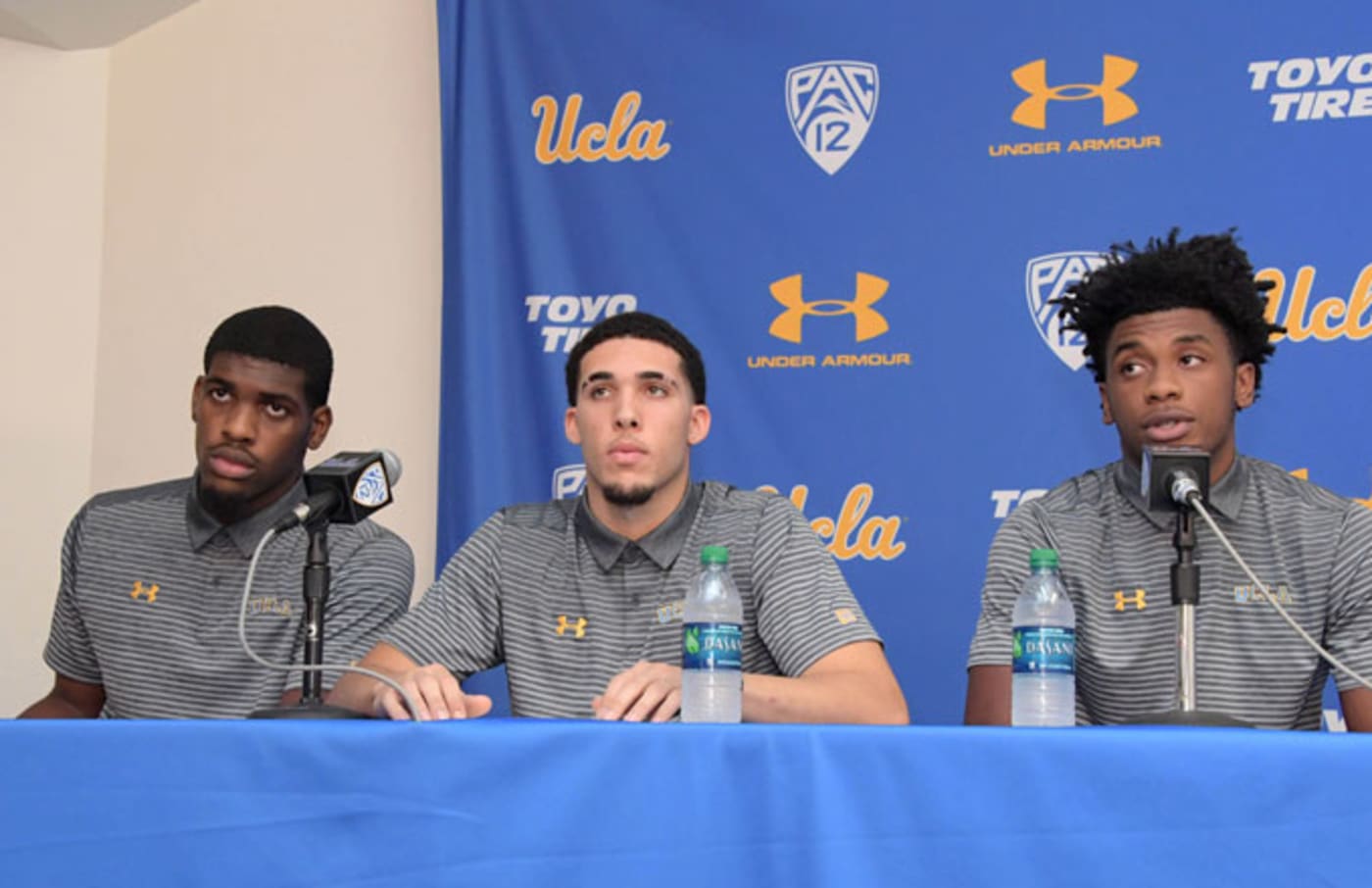 UCLA players Jalen Hill, LiAngelo Ball and Cody Riley apologize during a press conference.