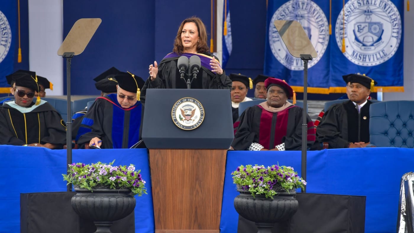 Vice President Kamala Harris delivers the keynote speech during Tennessee State University's Commencement Ceremony