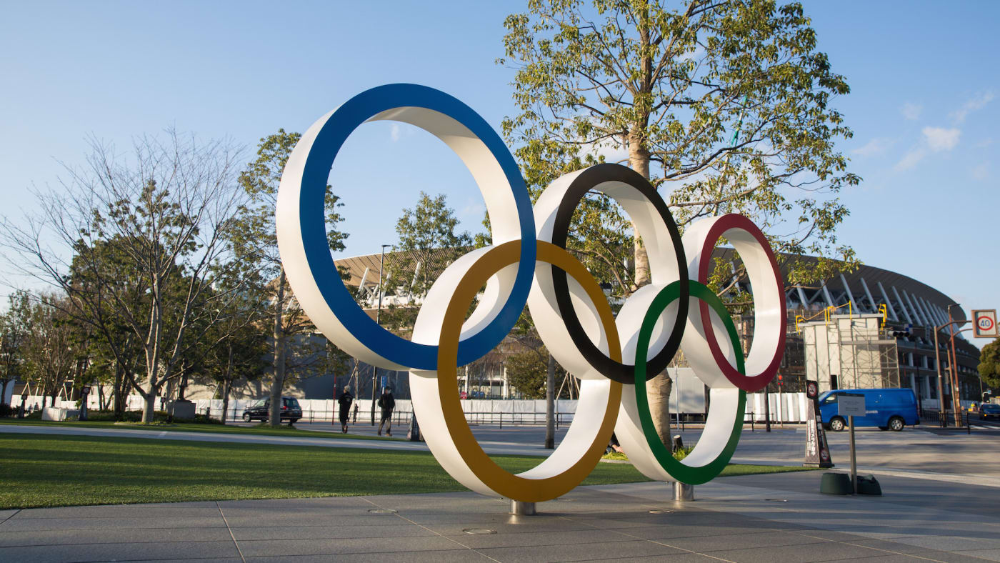 View of the Olympic Rings near the new National Stadium