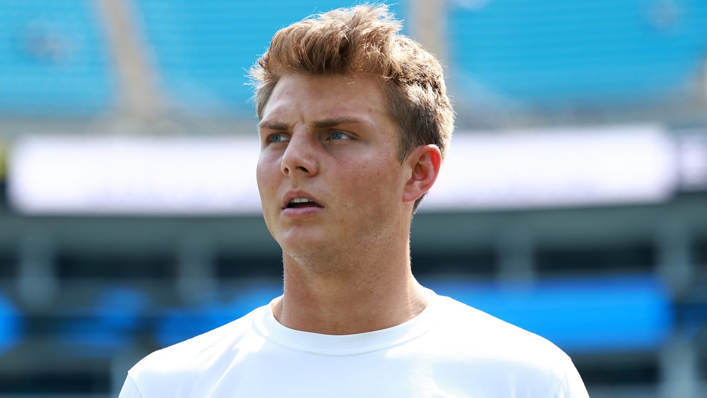 Zach Wilson of the New York Jets looks on prior to the game against the Carolina Panthers