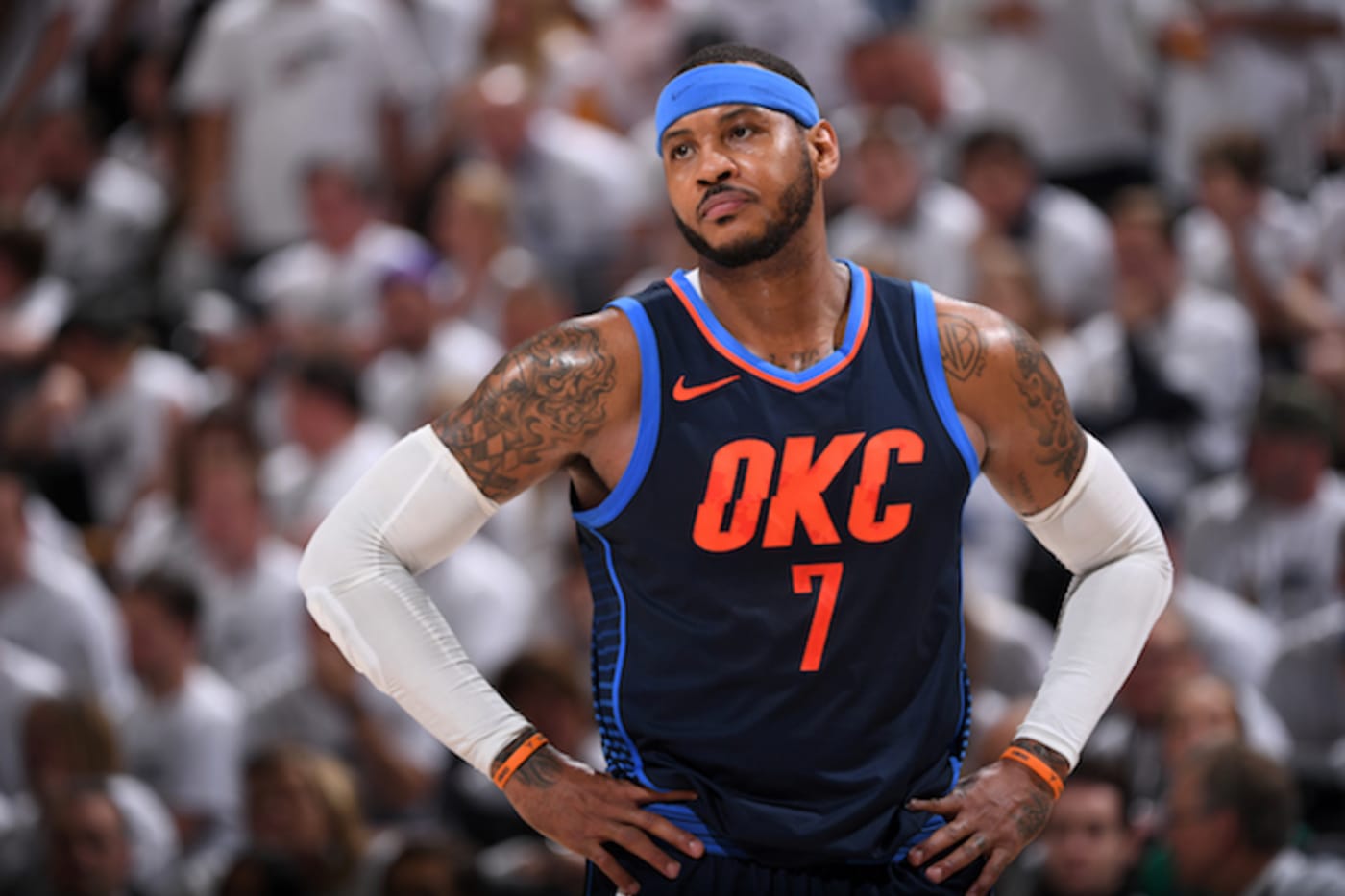 Carmelo Anthony of the Oklahoma City Thunder looks on during the game