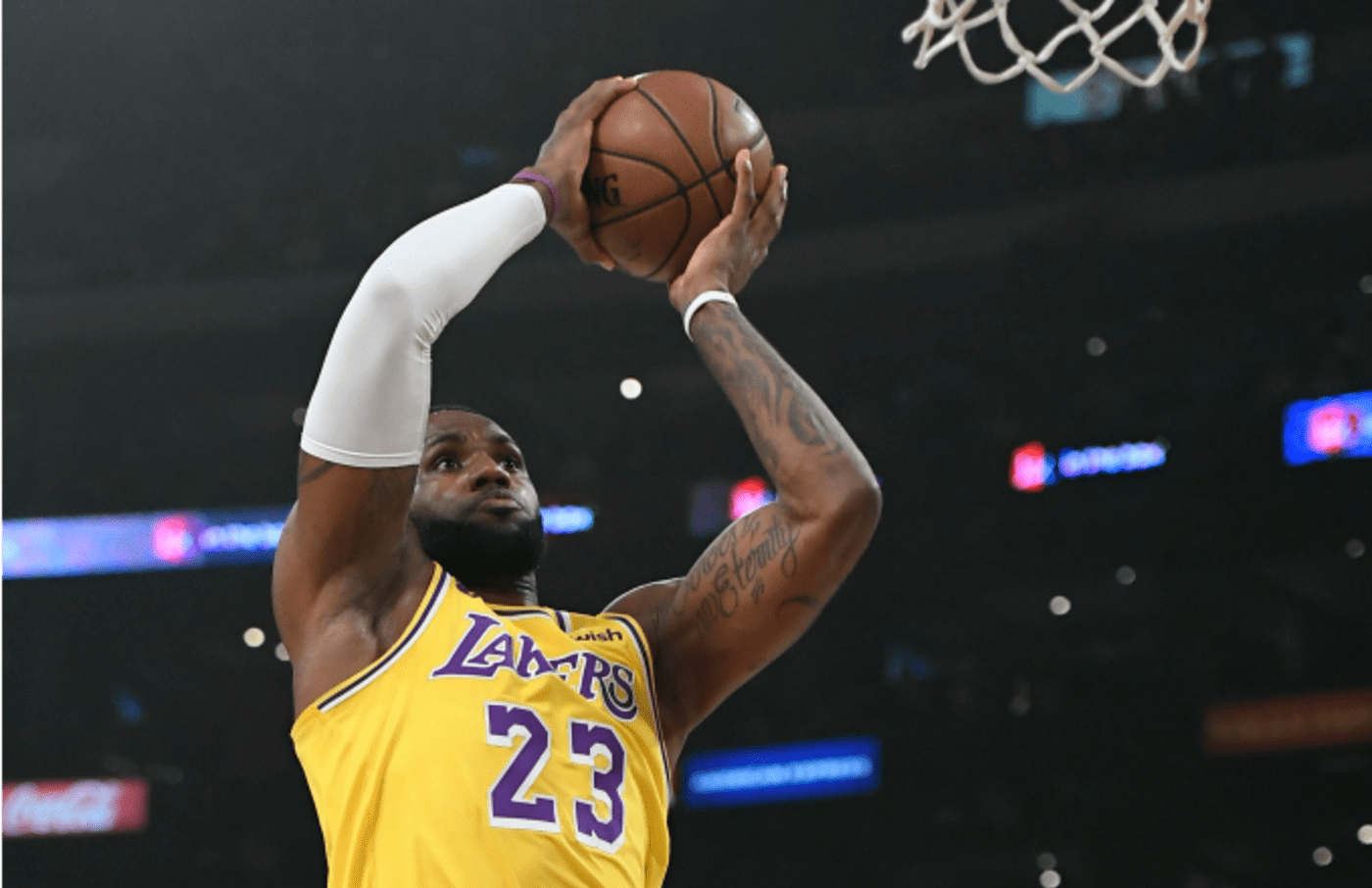 LeBron James #23 of the Los Angeles Lakers goes up for a dunk