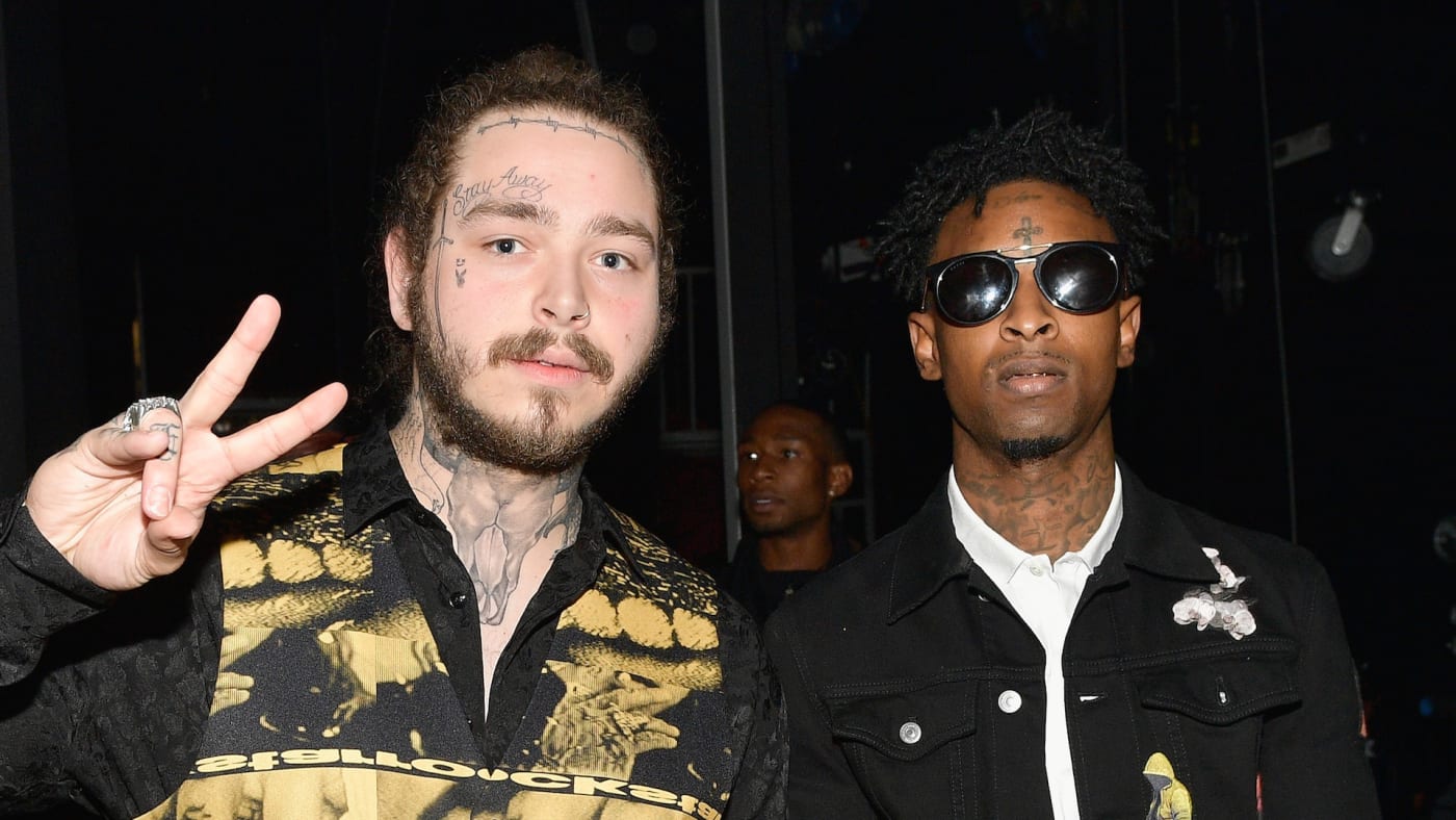 Recording artists Post Malone (L) and 21 Savage