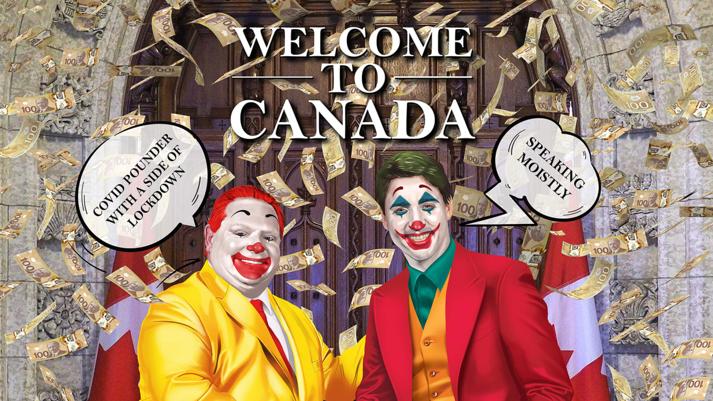 Portrait of Doug Ford and Justin Trudeau as clowns