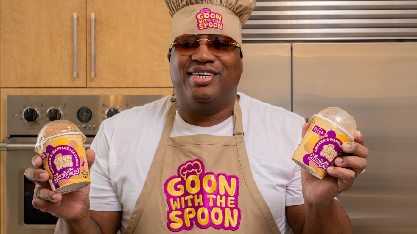 E 40 poses with Chicken & Waffles flavor ice cream.