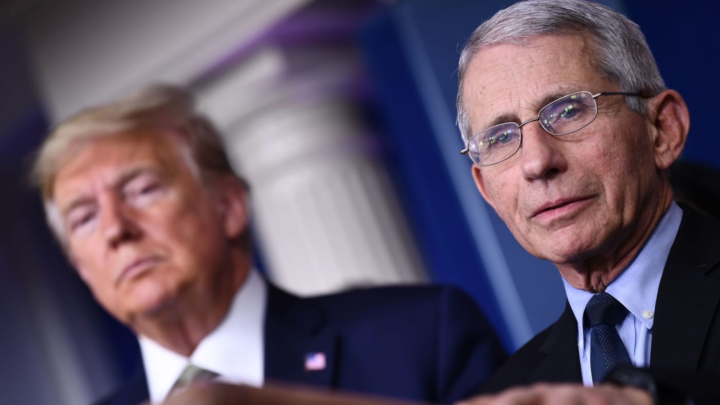 Dr. Anthony Fauci speaks as Trump listens during daily press Coronavirus briefing.