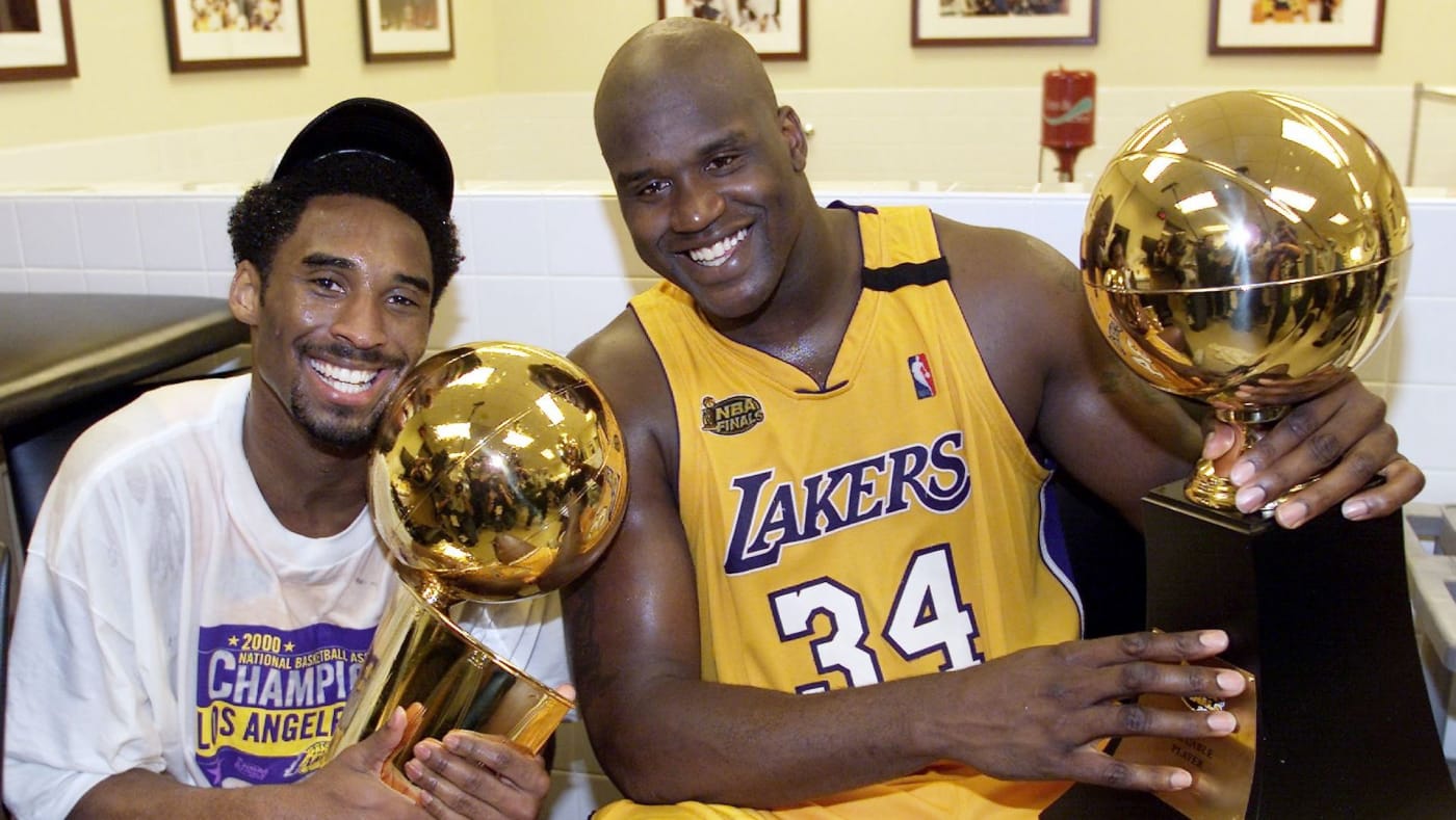 Shaquille O'Neal and Kobe Bryant after the 2000 NBA Finals