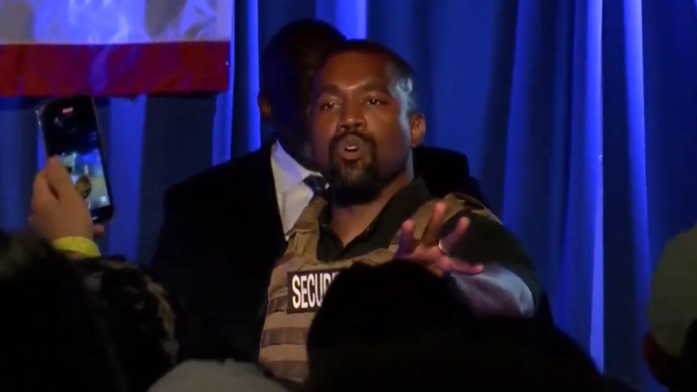 Kanye West speaks during his first campaign rally.