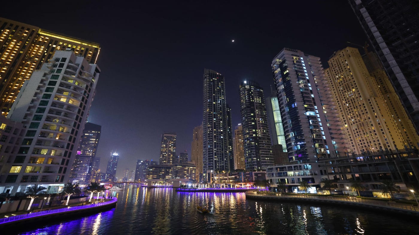 This picture taken shows a view of the Dubai Marina in the United Arab Emirates.