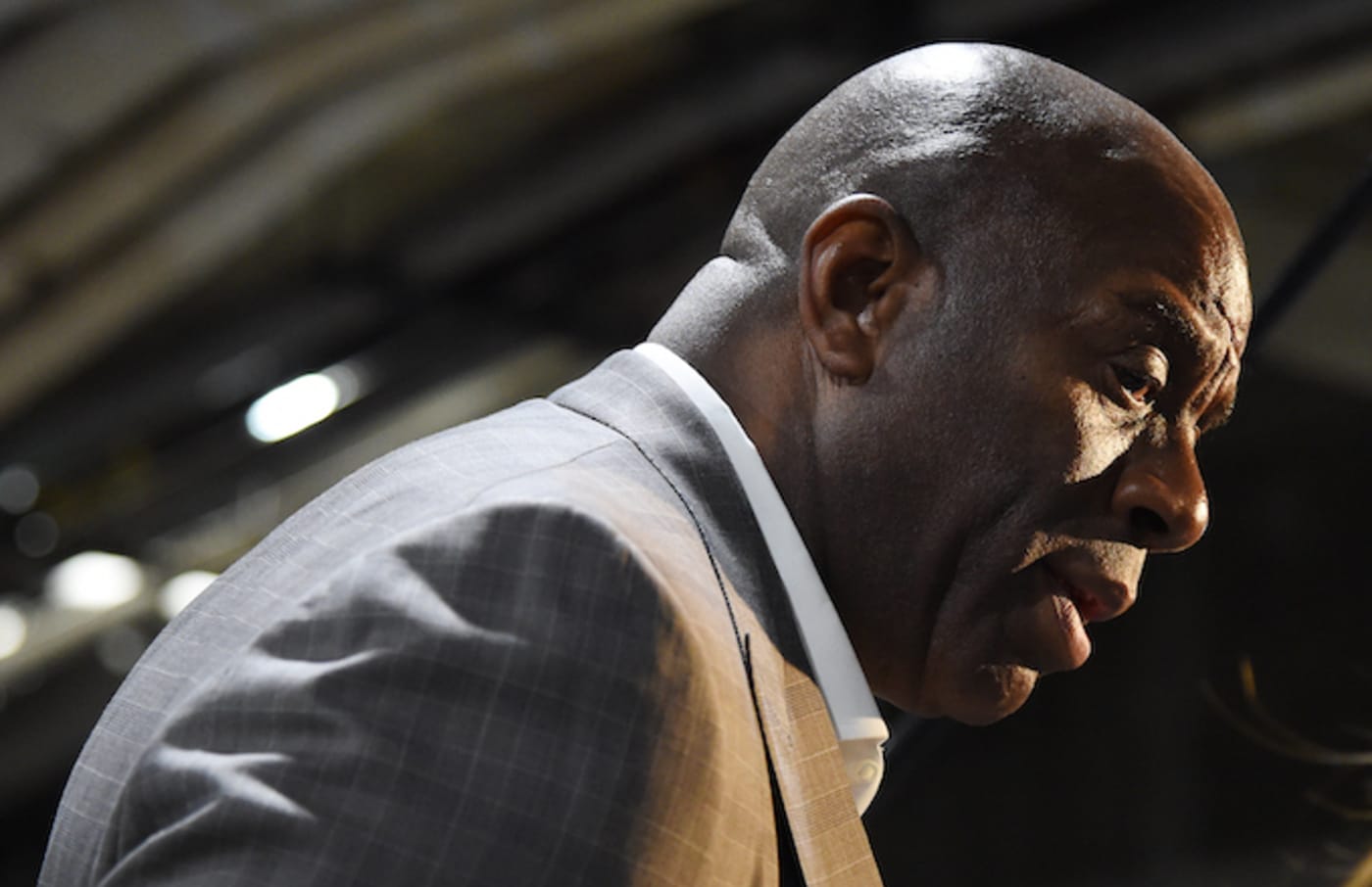 Magic Johnson looks on during the game between the Portland Trail Blazers and Los Angeles Lakers