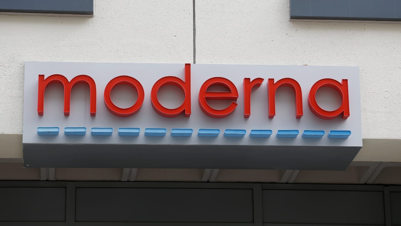 A logo for the Moderna company is pictured