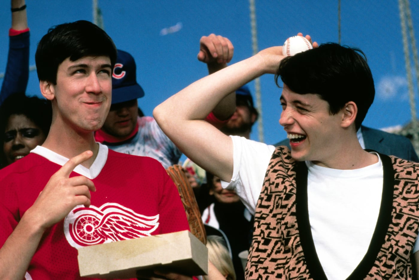 Matthew Broderick and Alan Ruck laughing.