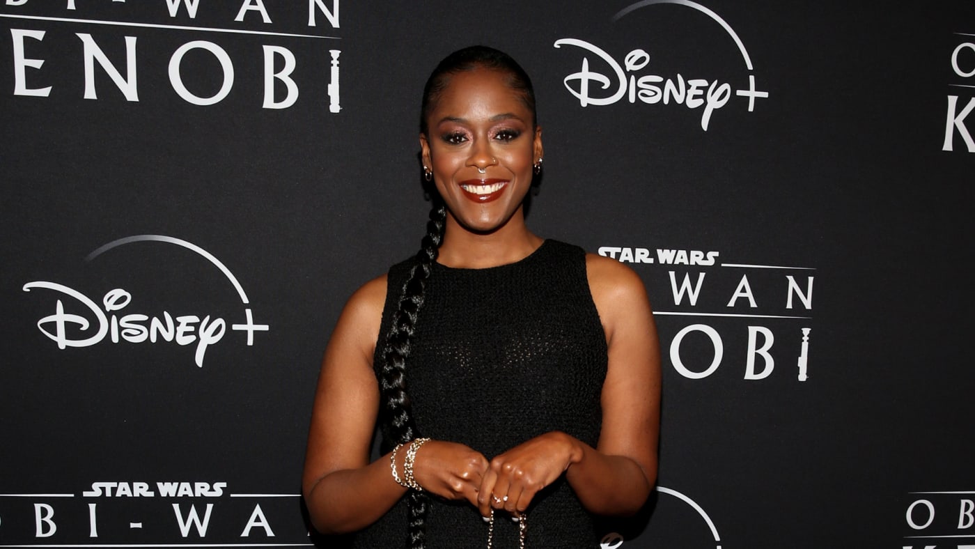 Moses Ingram is seen at a red carpet event for a new Disney series
