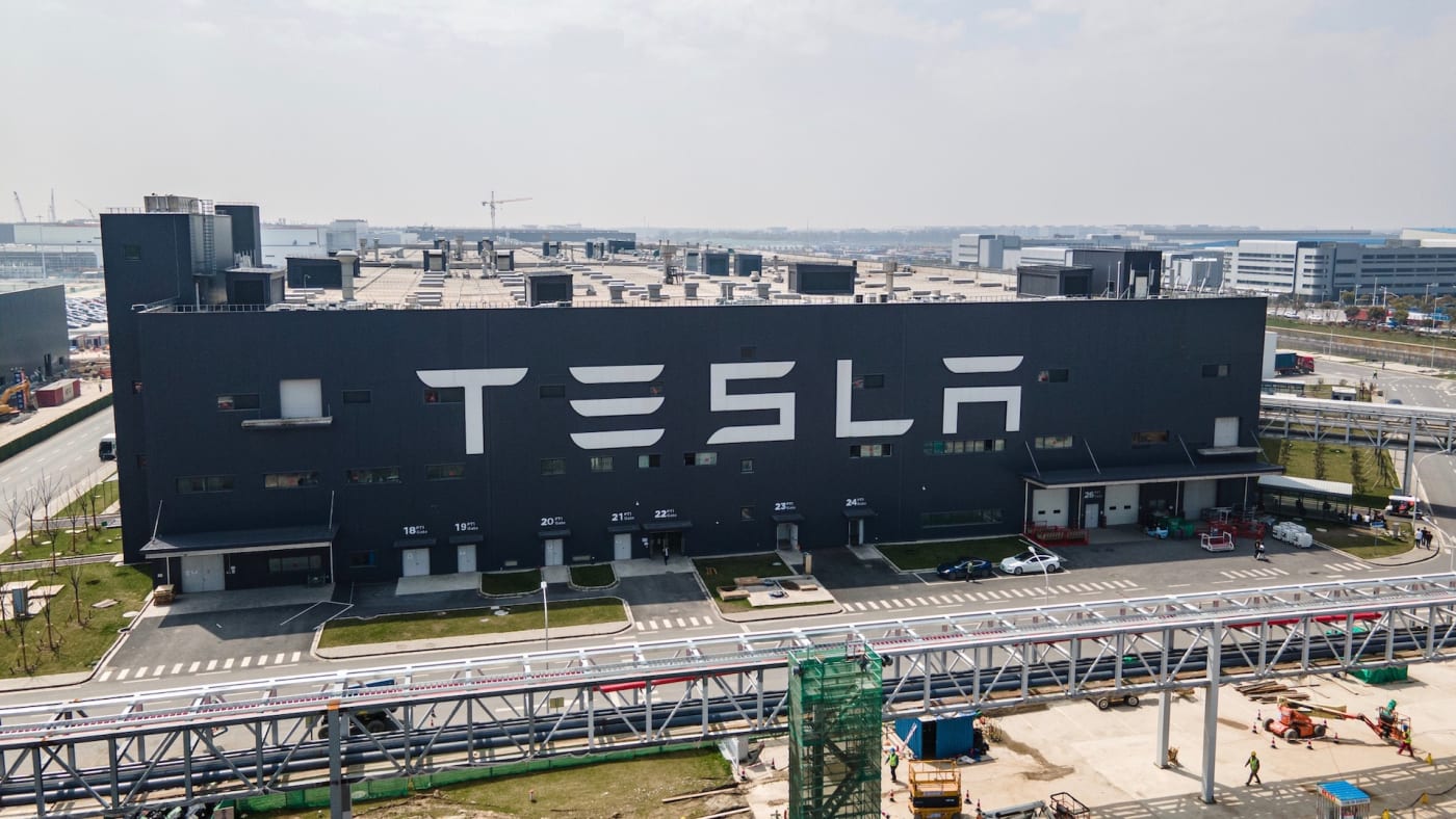 An aerial view of Tesla Shanghai Gigafactory