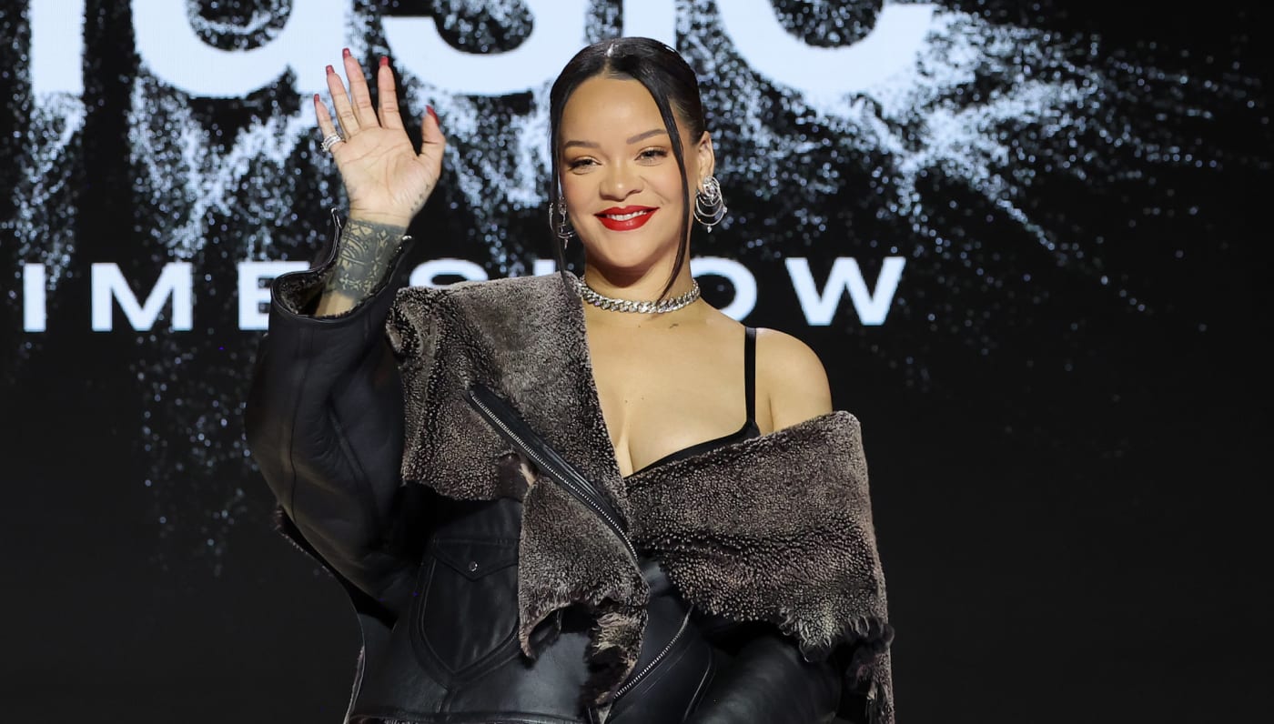 Rihanna attends Super Bowl press conference