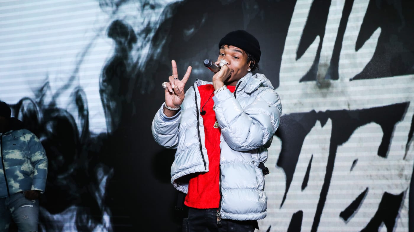 Lil Baby performs on stage at MTN DEW Courtside Studios