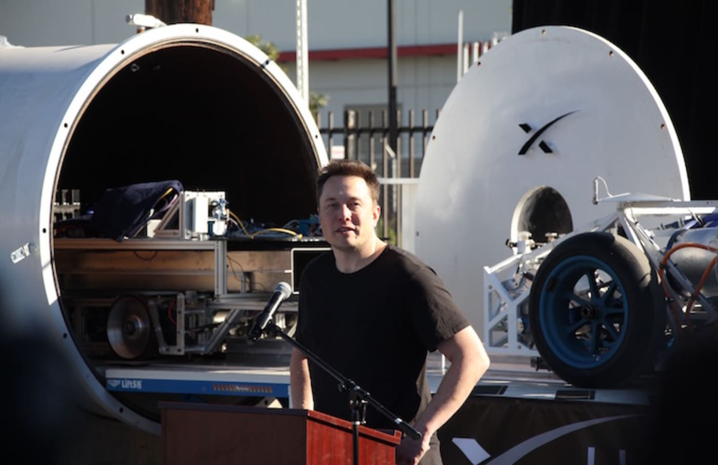 Elon Musk speaks at the Hyperloop pod competition.
