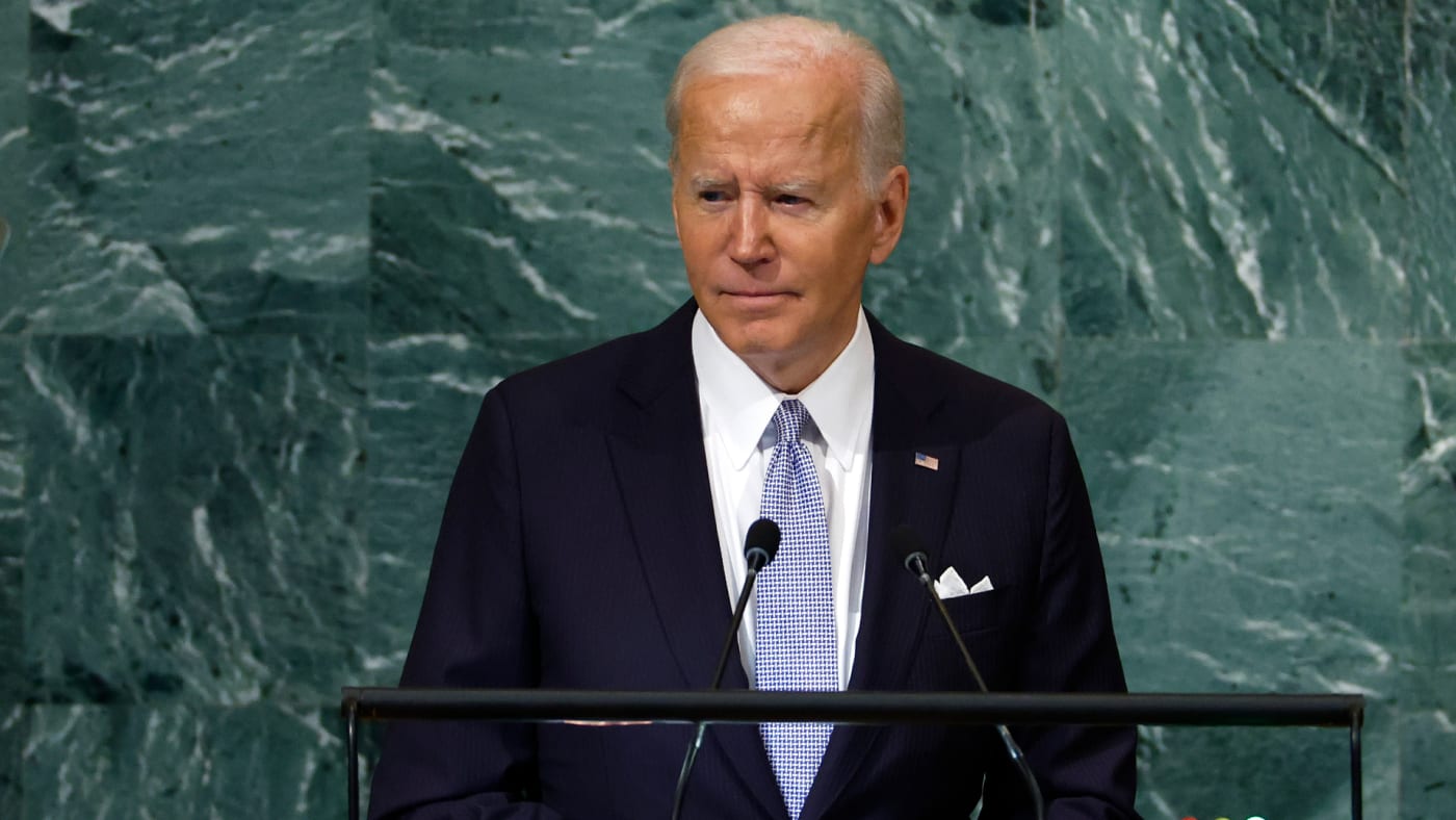 President Joe Biden is pictured giving a speech
