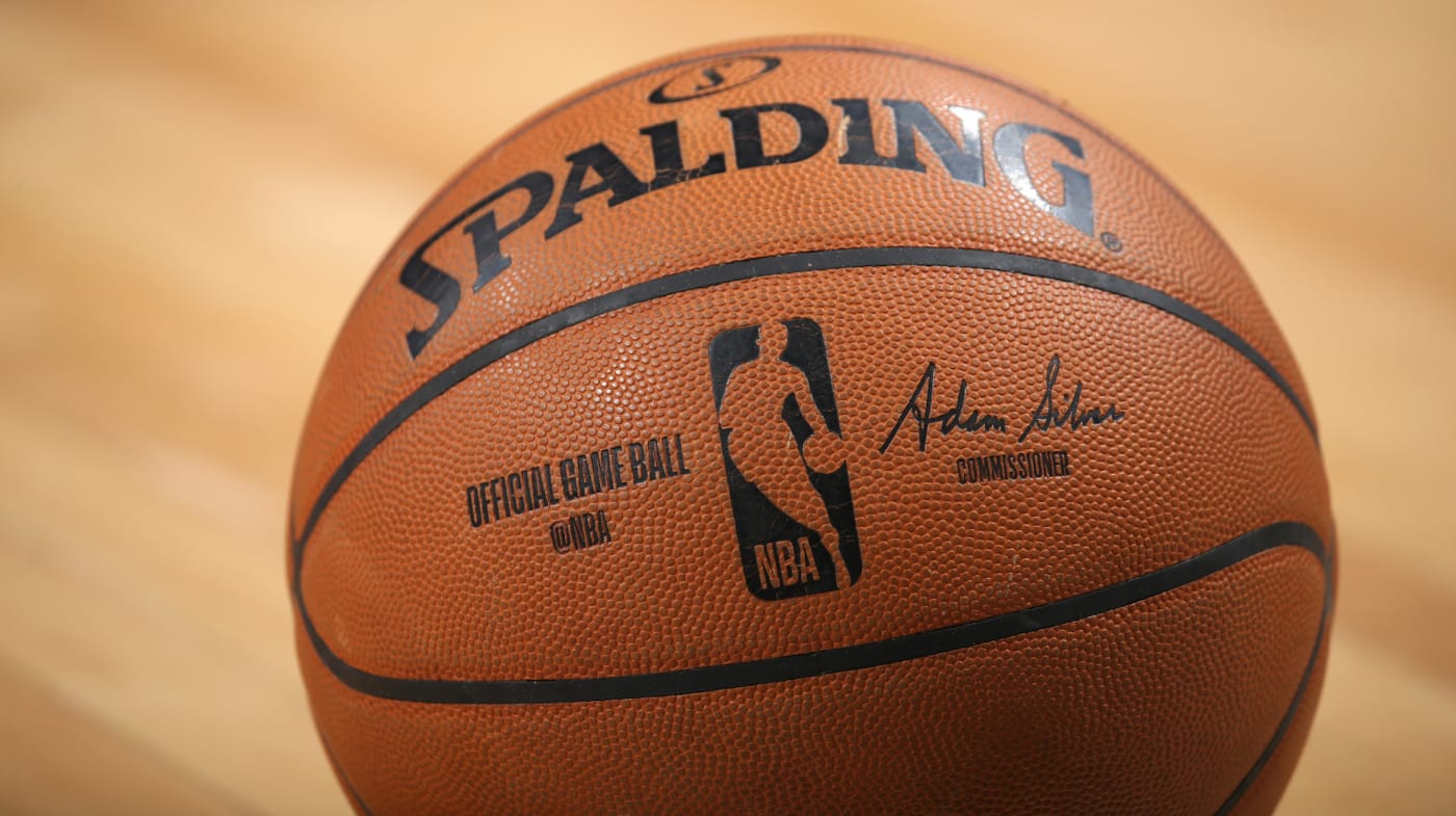 A close up shot of the official game ball used by the NBA