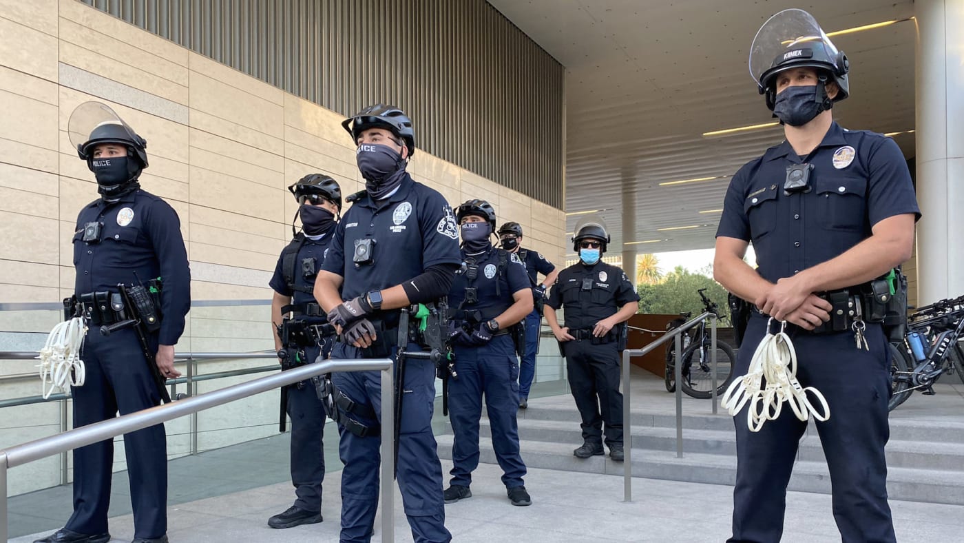 LAPD stands guard outside the Police Headquarters