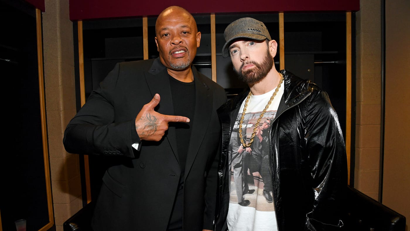 Dr. Dre and Eminem pose backstage during the 36th Annual Rock & Roll Hall Of Fame Induction Ceremony