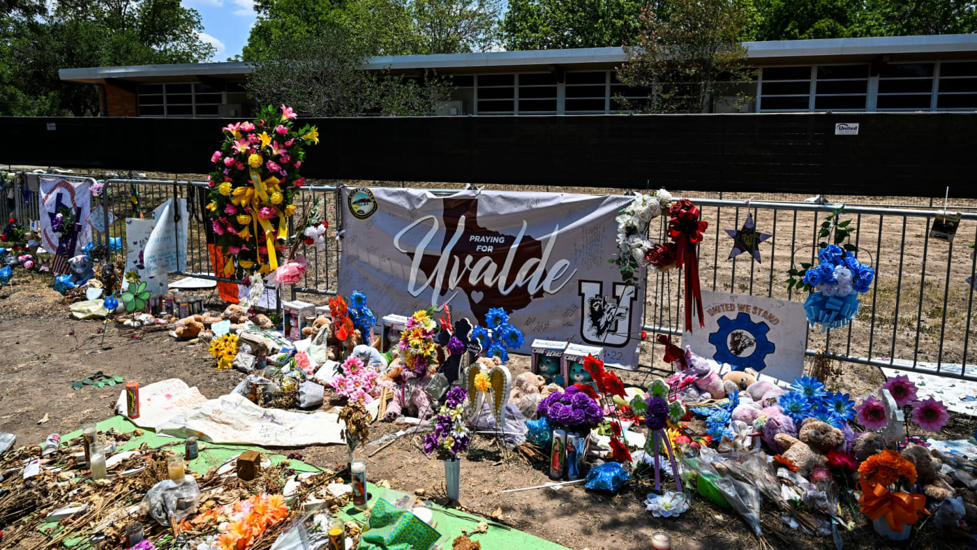 A memorial for Uvalde shooting victims is shown