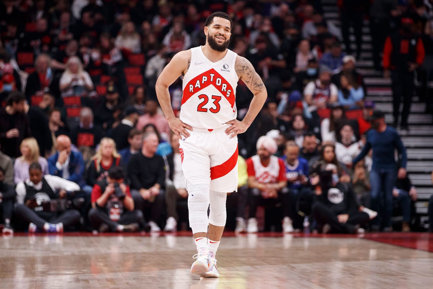 Fred VanVleet #23 of the Toronto Raptors smiles in the first half of Game Four of the Eastern Conference First Round