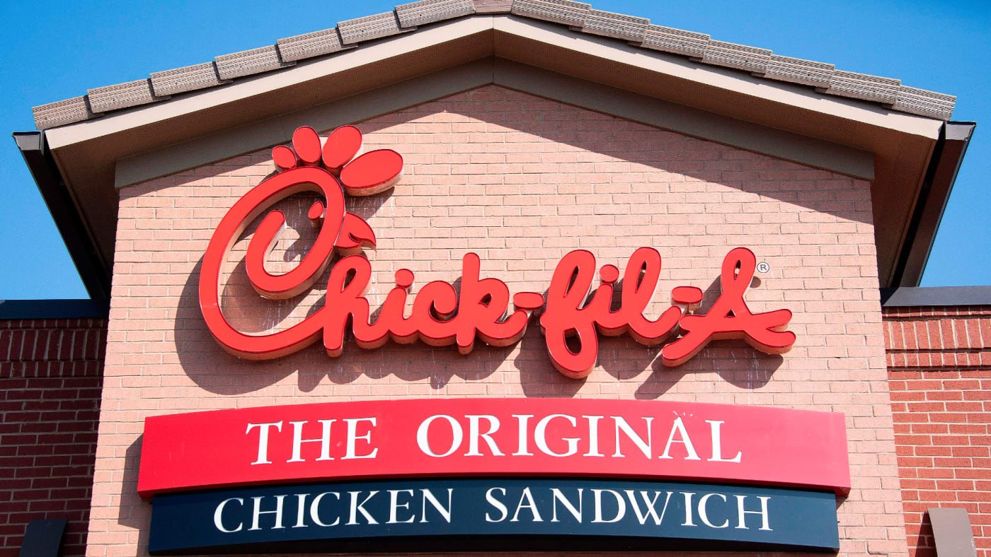 A sign for a Chick fil a restaurant is pictured