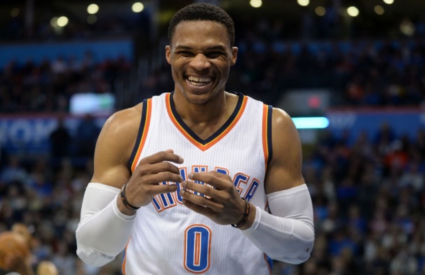 Russell Westbrook laughs during a game.
