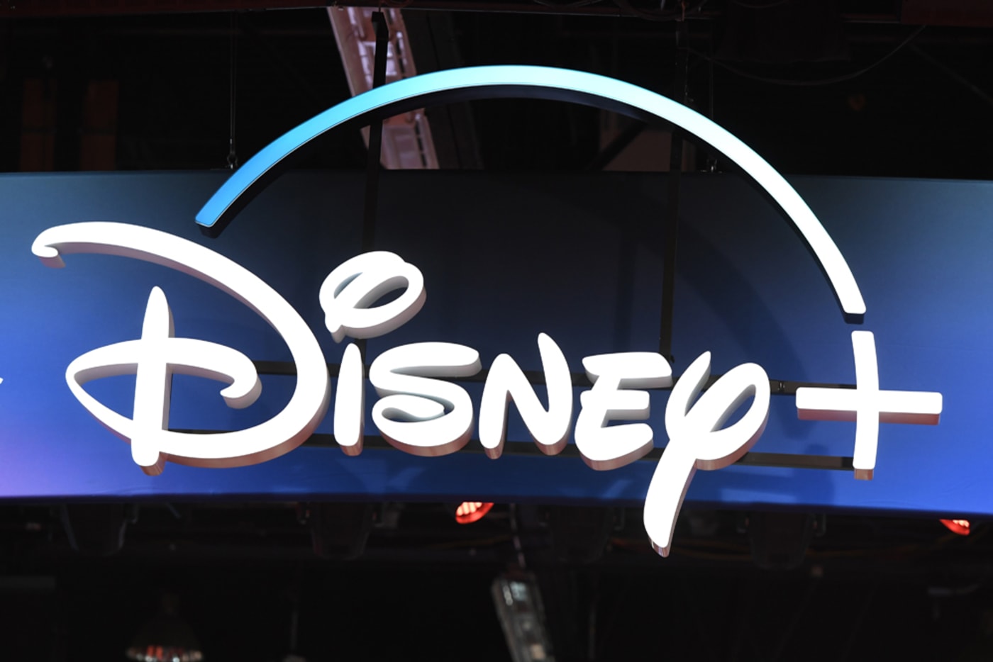 A Disney+ streaming service sign is pictured at the D23 Expo on August 23, 2019