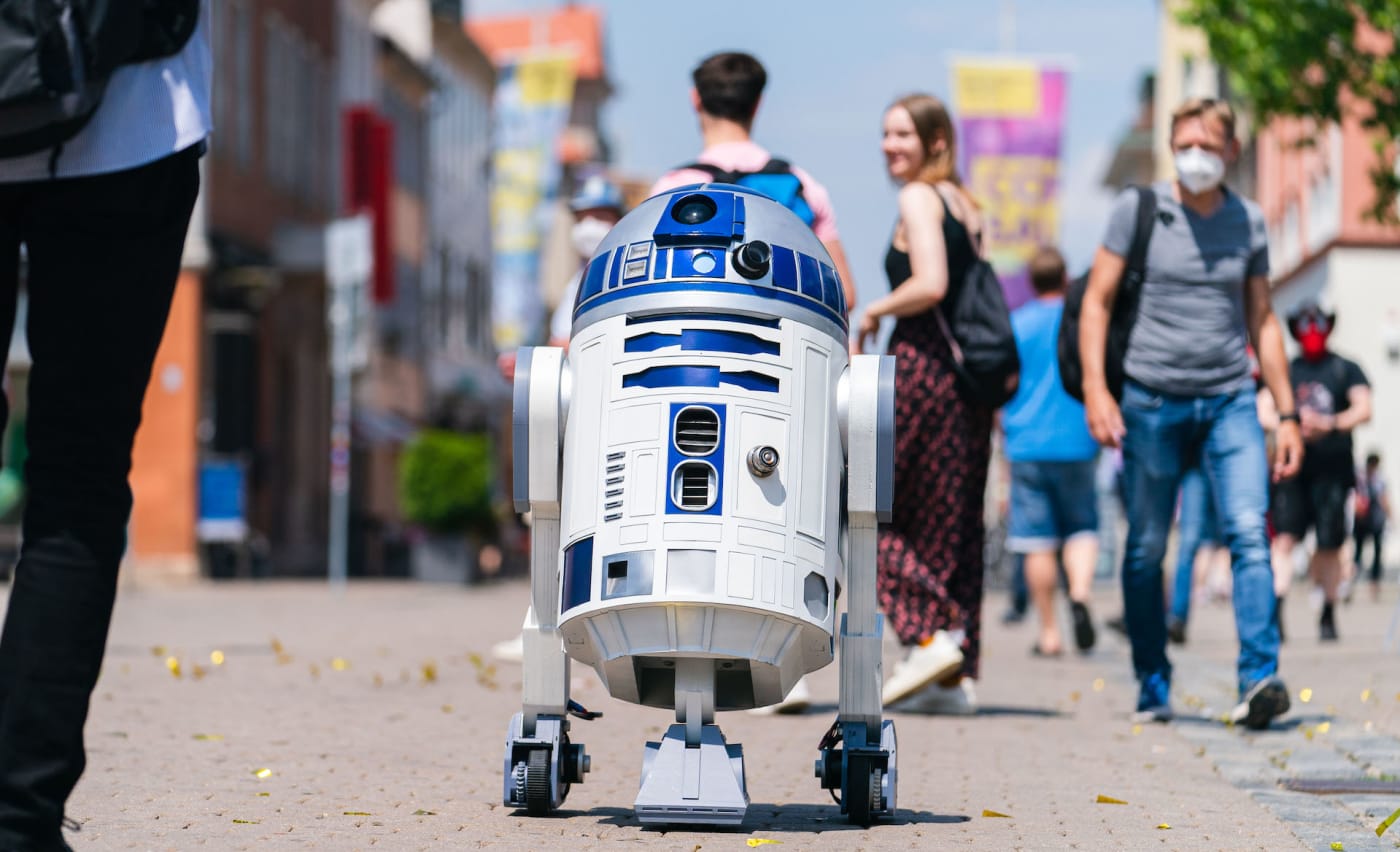 A remote controlled replica of the Star Wars astromech droid R2 D2